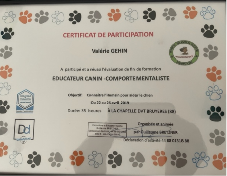 Certificat de participation et réussite à la formation d'éducateur canin - comportementalisme